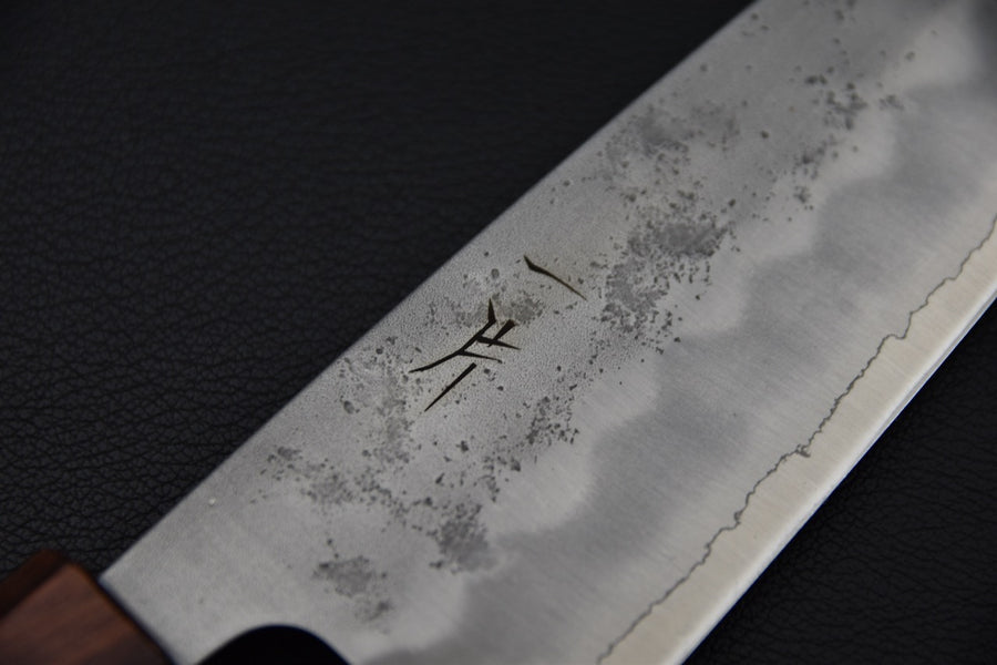 Hitohira Futana S3 170mm Nashiji Santoku — detail view, Japanese santoku knife with keyaki zelkova handle.