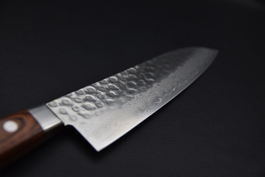 Hitohira HG 185mm Damascus Santoku — Tsuchime finish Japanese knife with imitation acajou handle.
