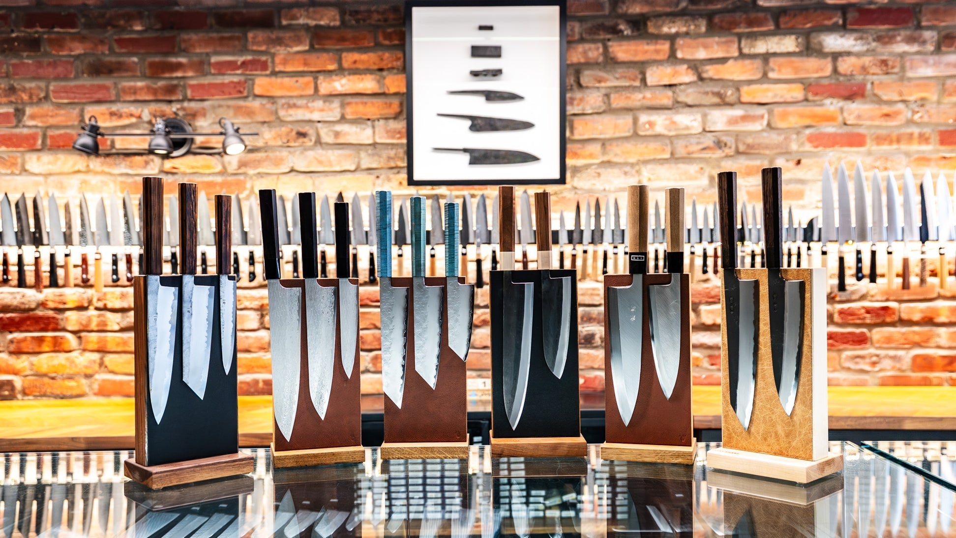 Stay Sharp Japanese knife collection — nakiri, gyuto, and chef knives displayed together.