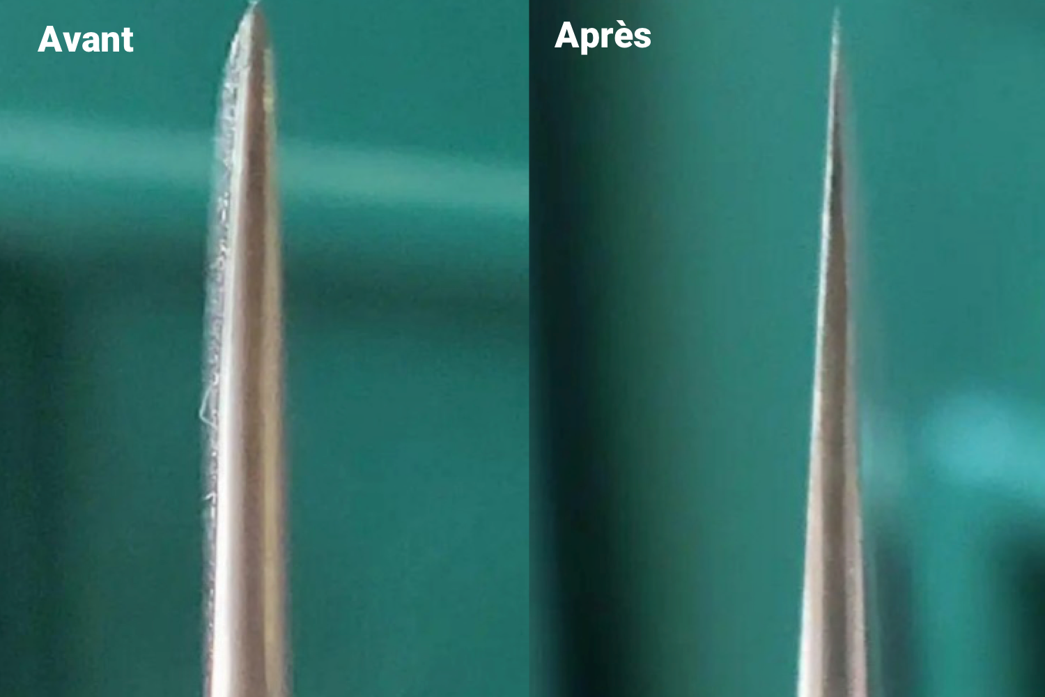 Side-by-side view of a knife edge labeled (before) and (after), showing sharpening improvement on the blade tip.