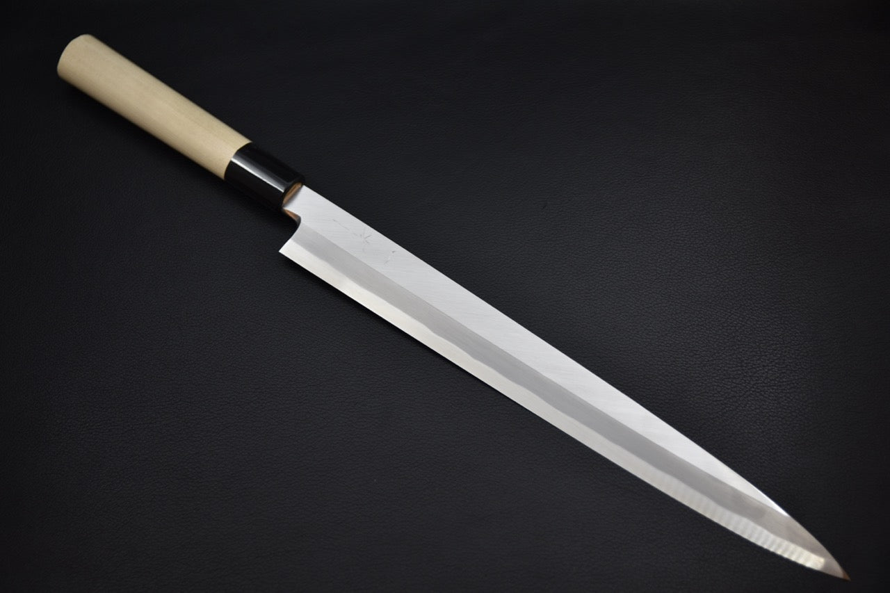 Hitohira yanagiba 300 mm Shirogami #2 — vue complète, couteau japonais fond neutre