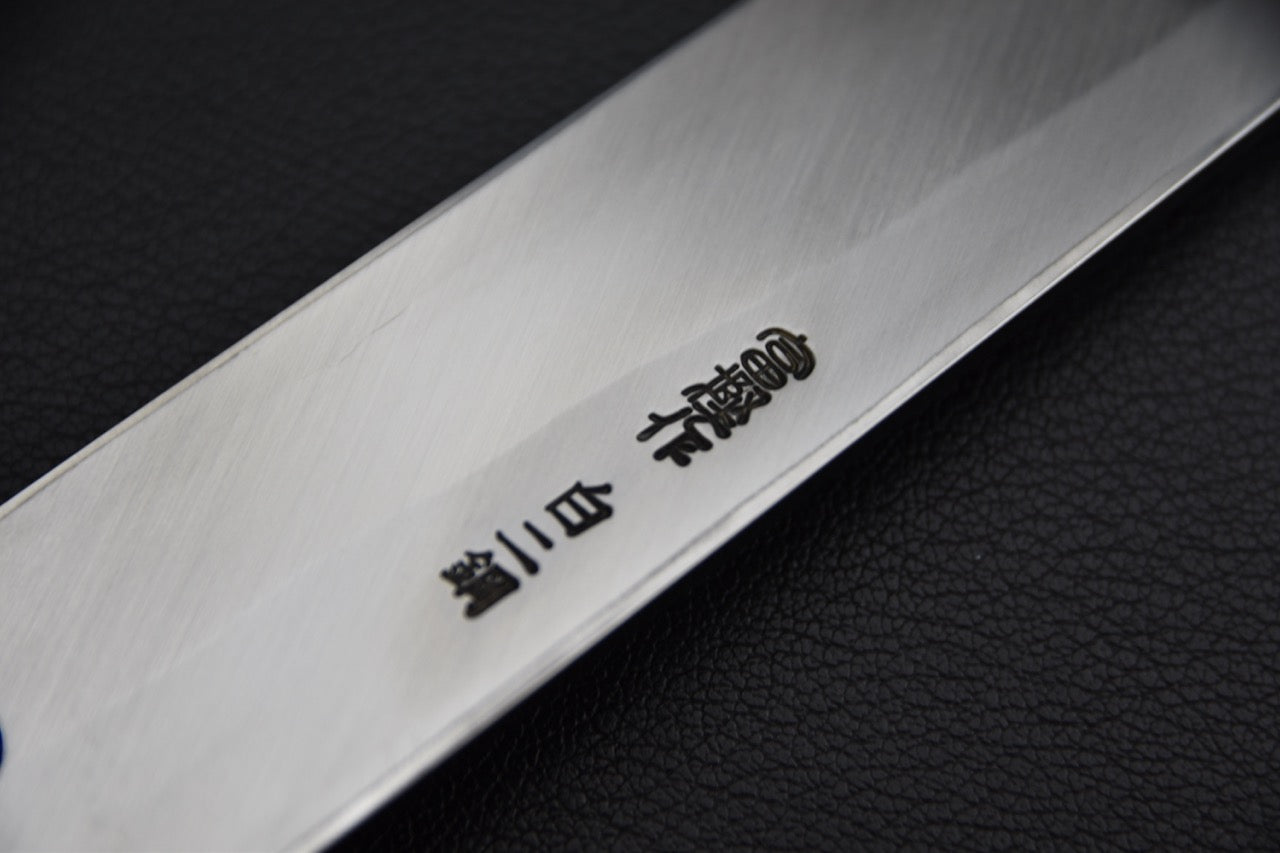 Yanagiba 300 mm — vue du dos de lame, construction nimai, couteau japonais