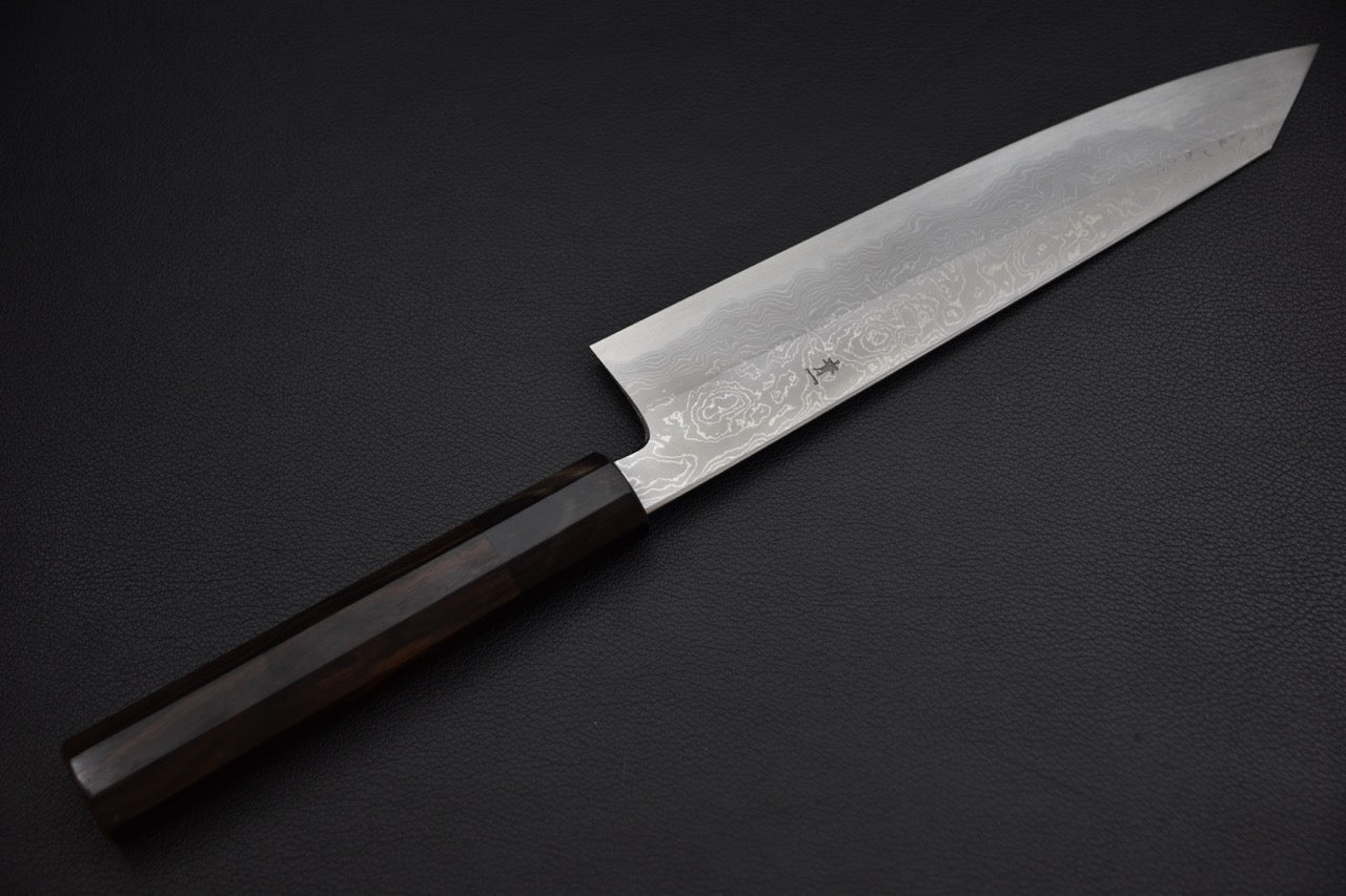 Hitohira Tanaka kiritsuke 225 mm — finition de la surface de lame, couteau japonais