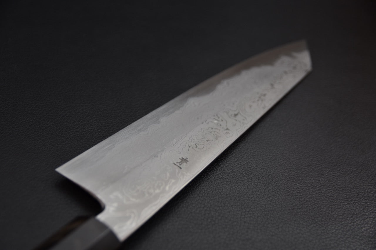 Hitohira Tanaka kiritsuke 225 mm — tranchant et biseau, vue rapprochée