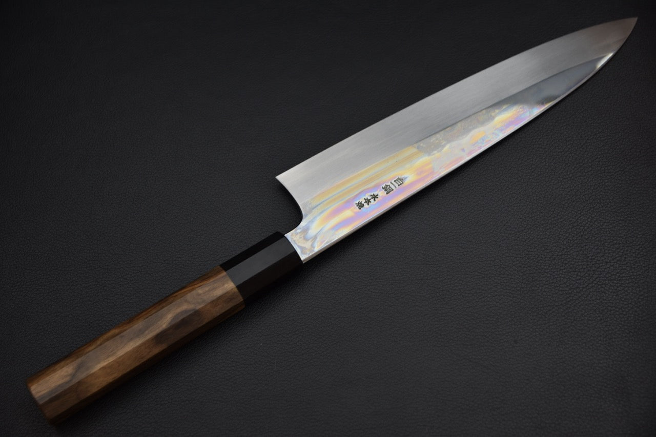 Hitohira Togashi gyuto 240 mm couteau japonais — vue du talon et jonction manche