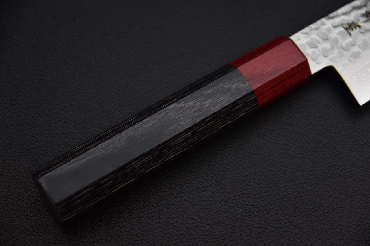 Hitohira T10 santoku — face verso de la lame, construction sanmai visible