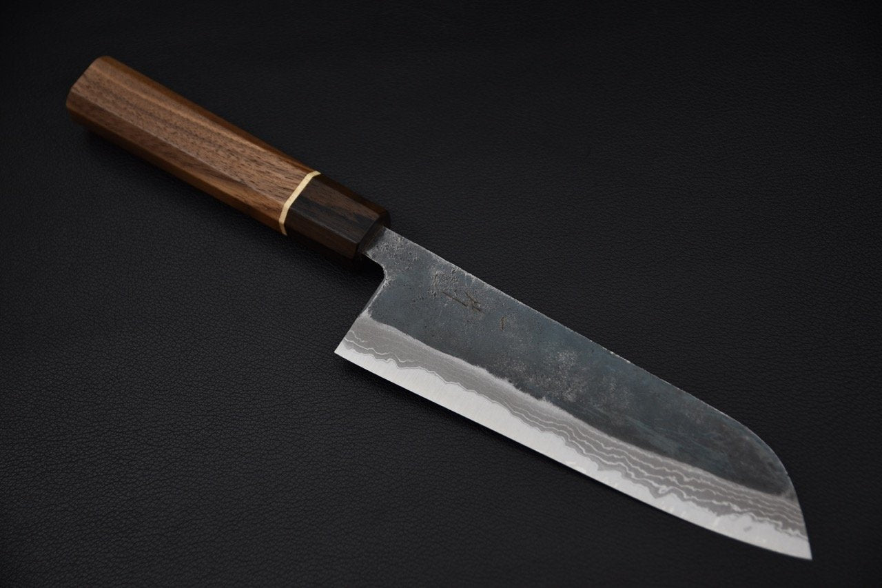 Hitohira Echizen NB Shirogami #2 Kurouchi Damascus Santoku 170mm Walnut