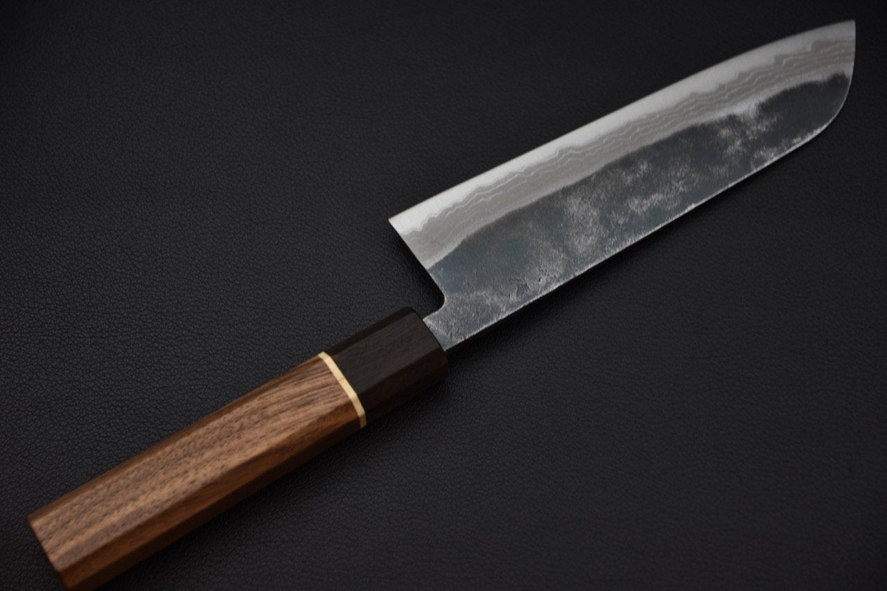 Hitohira Echizen NB Shirogami #2 Kurouchi Damascus Santoku 170mm Walnut