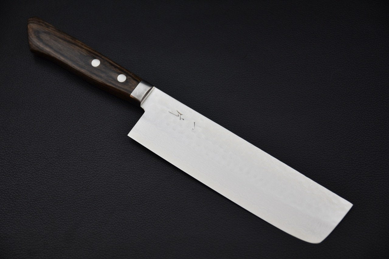 Couteau Nakiri japonais Hitohira Nm 165mm en acier V10 damas avec manche en Pakka