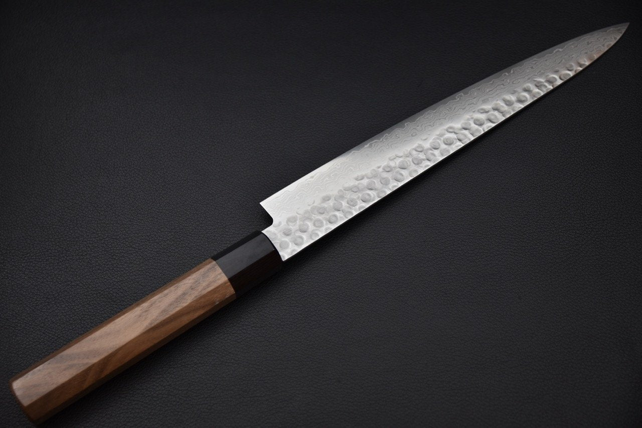 Couteau japonais Sujihiki 240 mm en acier damas avec manche en noyer élégant