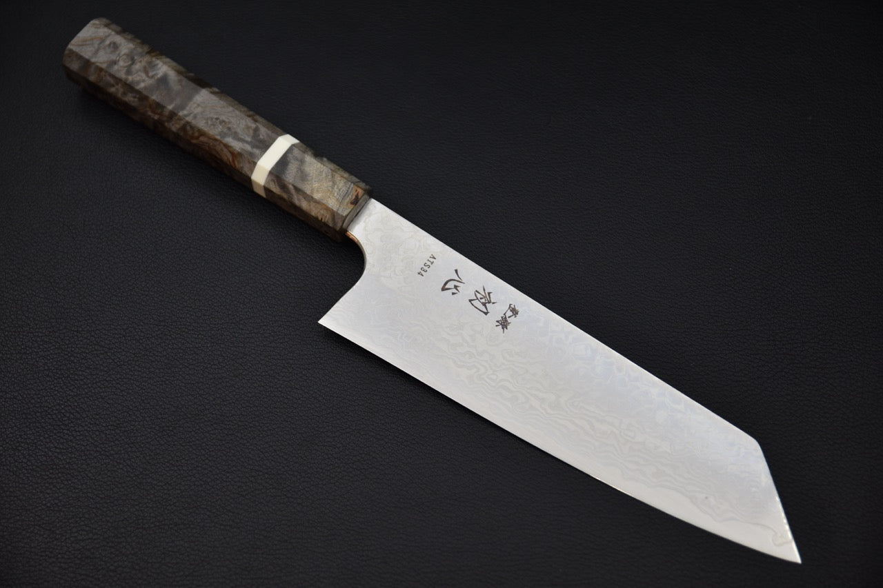 Couteau japonais bunka 170mm Hatsukokoro Ginga, vue complète de la lame et du manche en bouleau stabilisé — Stay Sharp Montréal