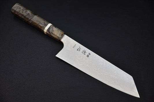 Couteau japonais bunka 170mm Hatsukokoro Ginga, vue complète de la lame et du manche en bouleau stabilisé — Stay Sharp Montréal