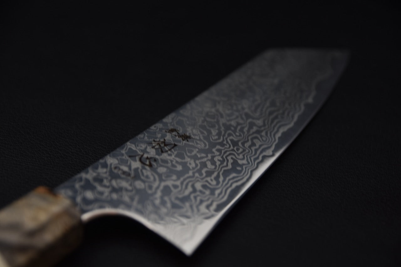 Couteau japonais Hatsukokoro Ginga bunka, détail de la lame en damas nickel ATS-34 — Stay Sharp Montréal