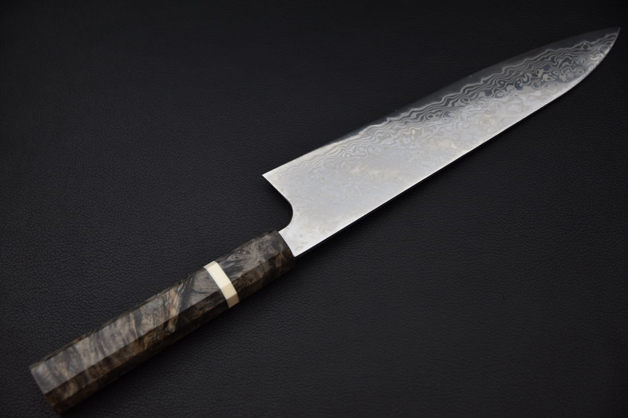 Profil complet du couteau japonais gyuto 210mm Hatsukokoro Ginga, lame fine et équilibrée