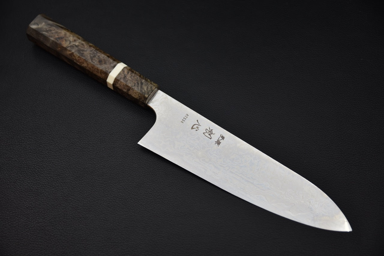 Couteau japonais Santoku 180mm Hatsukokoro Ginga, vue complète sur fond noir — Stay Sharp Montréal.