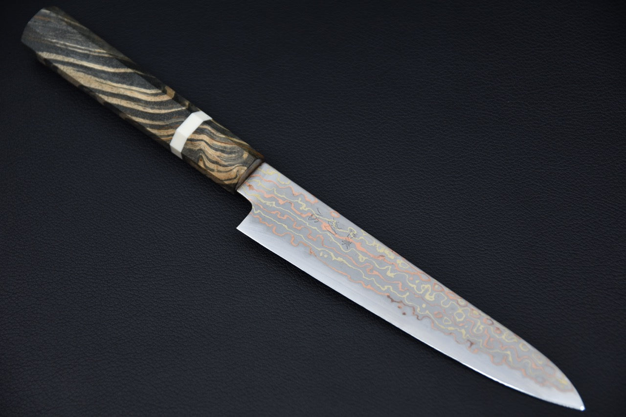 Hatsukokoro Hayabusa Aogami #2 Rainbow Damascus Petty 150mm Bouleau