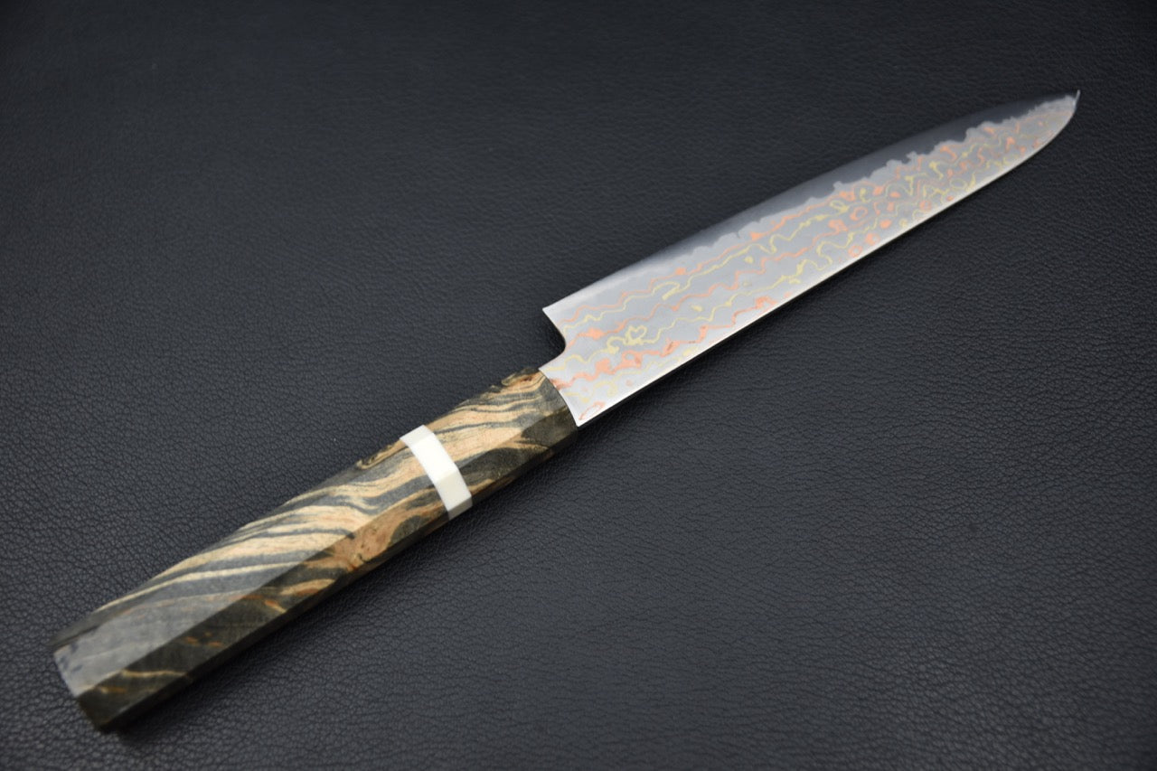 Hatsukokoro Hayabusa Aogami #2 Rainbow Damascus Petty 150mm Bouleau