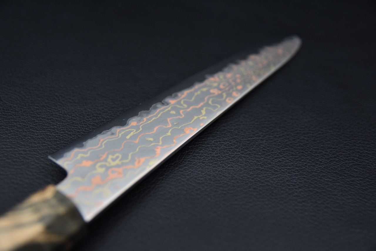 Hatsukokoro Hayabusa Aogami #2 Rainbow Damascus Petty 150mm Bouleau