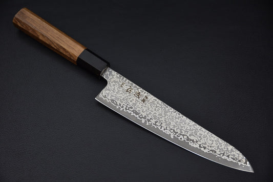 Couteau japonais Gyuto 195 mm en acier SLD damassé, manche en teck, finition Kurozome — vue complète.
