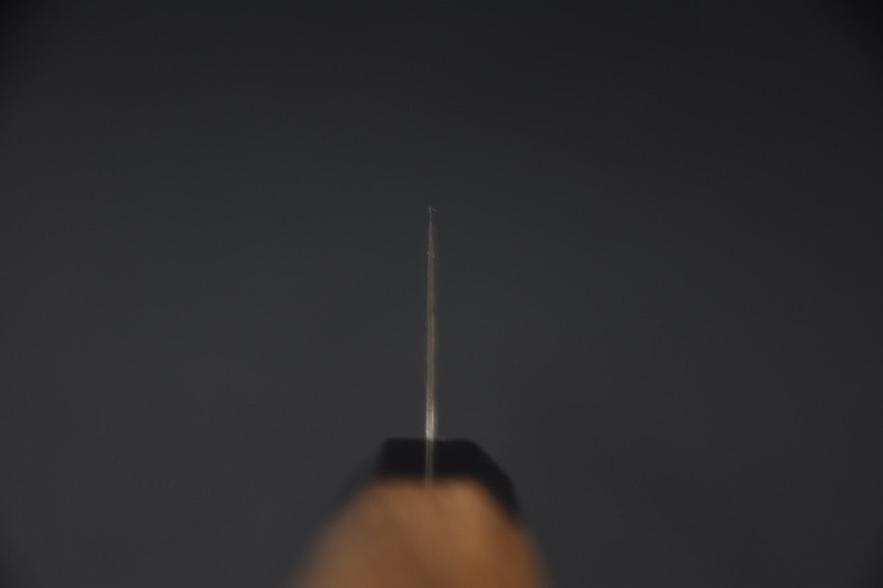 Couteau japonais Gyuto 195 mm, vue du dos de la lame montrant la finesse du tranchant.