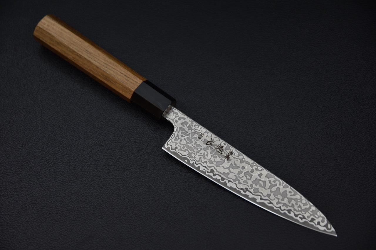 couteau japonais petit lame damas Kurozome et manche bois d’olivier octogonal