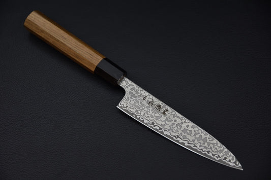 couteau japonais petit lame damas Kurozome et manche bois d’olivier octogonal