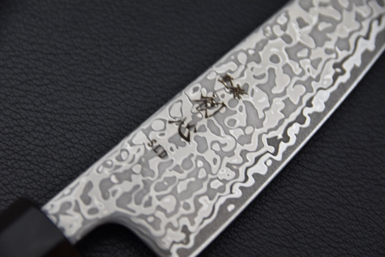 couteau japonais lame damas Kurozome double biseau élégante courbe