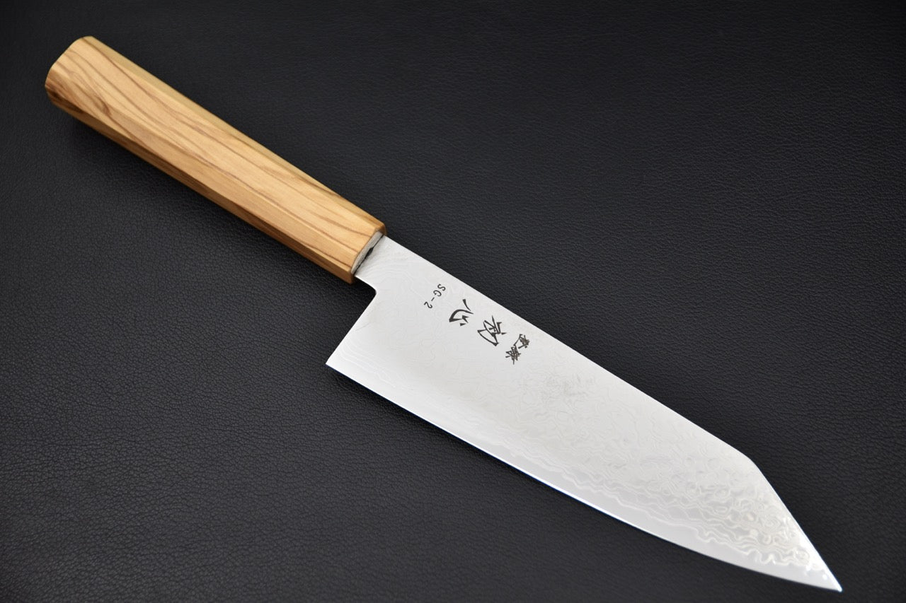 Couteau japonais Bunka 180mm en acier SG2 damas avec manche en bois d’olivier, vue complète — Stay Sharp Montréal.