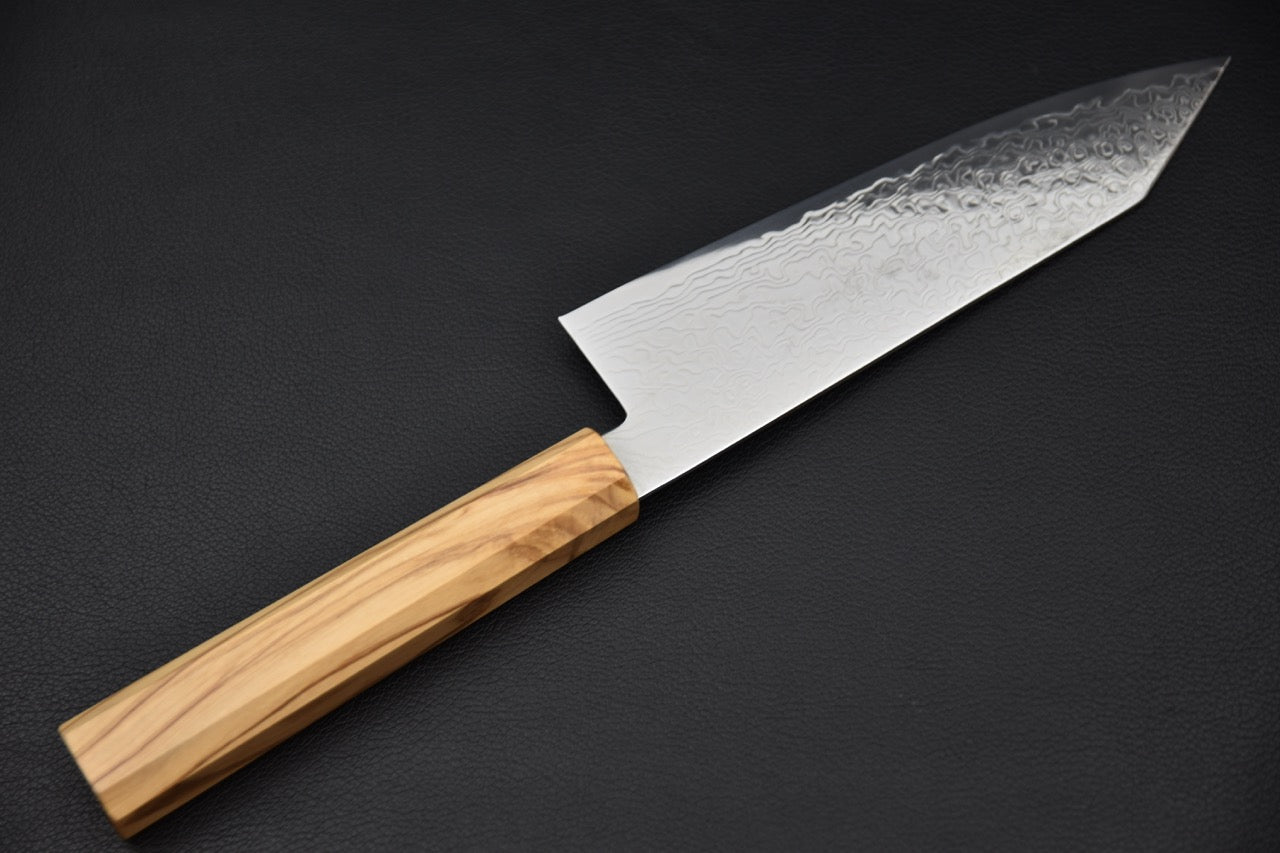 Vue latérale du couteau japonais Bunka 180mm montrant la lame damas SG2 — Stay Sharp Montréal.