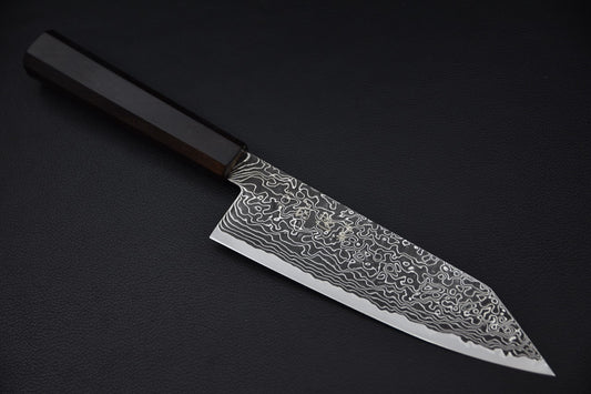 Couteau japonais bunka 180mm SG2 damas kuro-zome, vue complète sur fond noir — Stay Sharp Montréal.