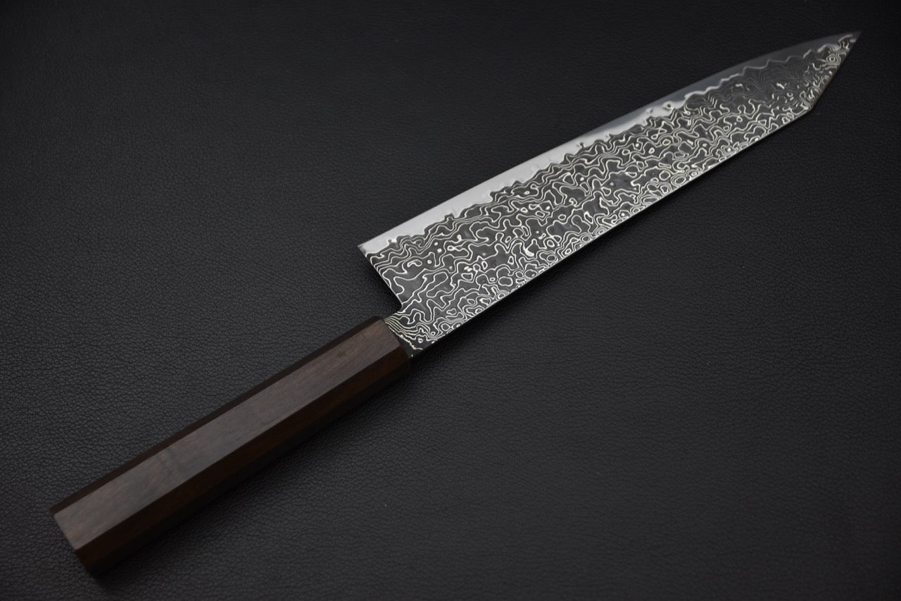 Couteau japonais Hatsukokoro Ryuhyo SG2, vue latérale complète avec manche en ébène — Stay Sharp Montréal.