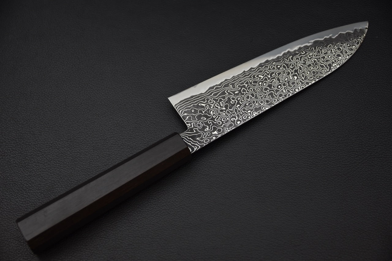Couteau japonais Santoku SG2 damas noir 180mm, manche en ébène – vue latérale complète