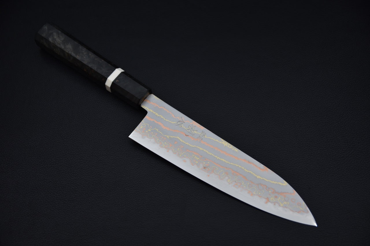 Hatsukokoro Hayabusa Aogami #2 Rainbow Damascus Santoku Birch Wood