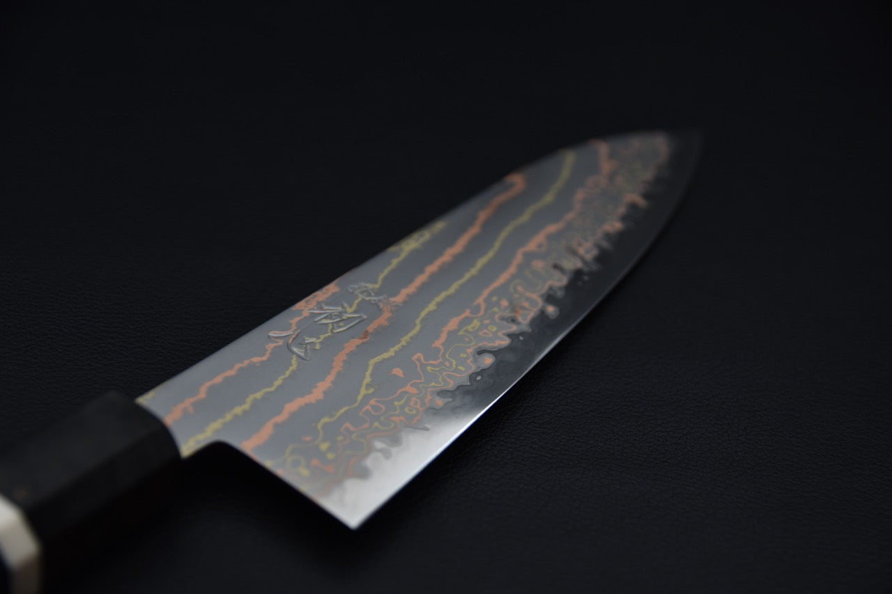 Hatsukokoro Hayabusa Aogami #2 Rainbow Damascus Santoku Birch Wood