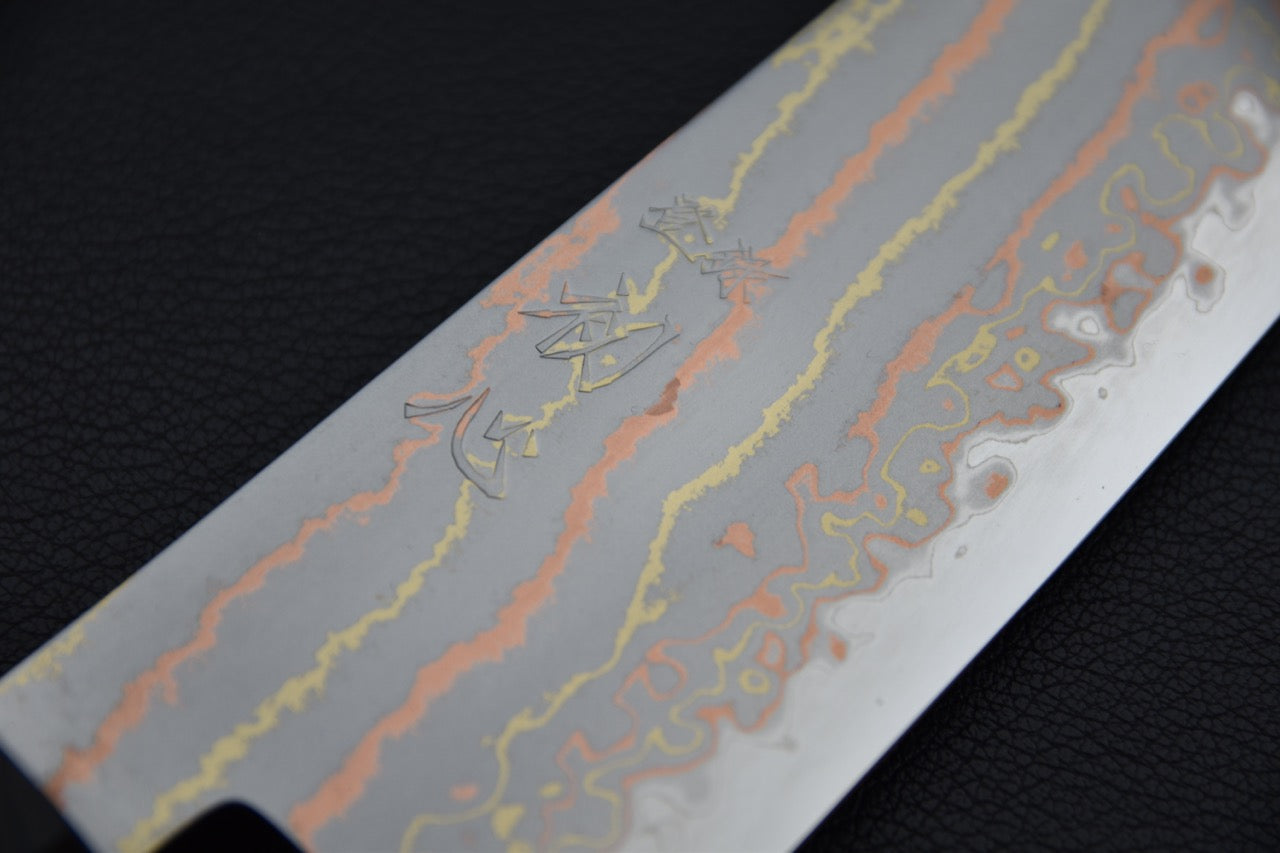 Hatsukokoro Hayabusa Aogami #2 Rainbow Damascus Santoku Birch Wood