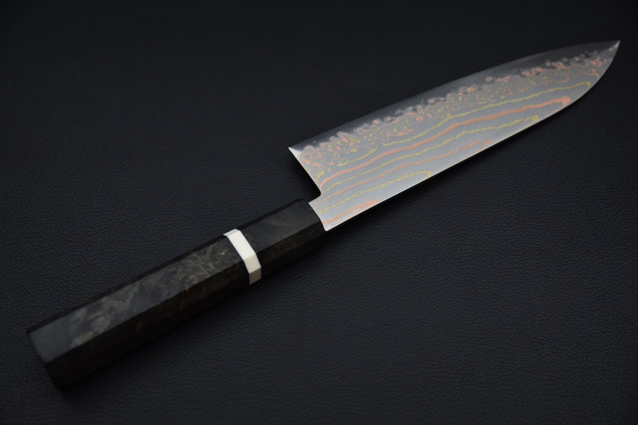 Hatsukokoro Hayabusa Aogami #2 Rainbow Damascus Santoku Birch Wood