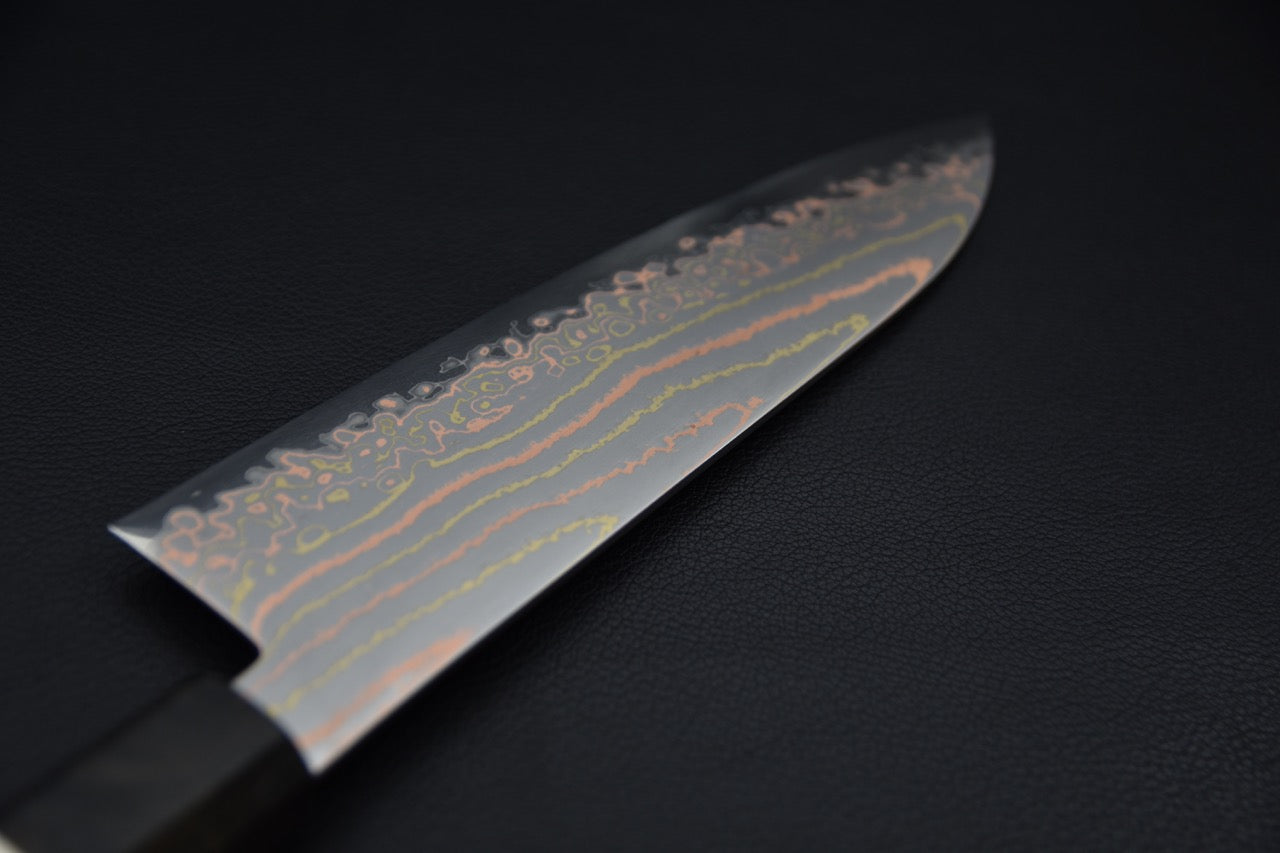 Hatsukokoro Hayabusa Aogami #2 Rainbow Damascus Santoku Birch Wood