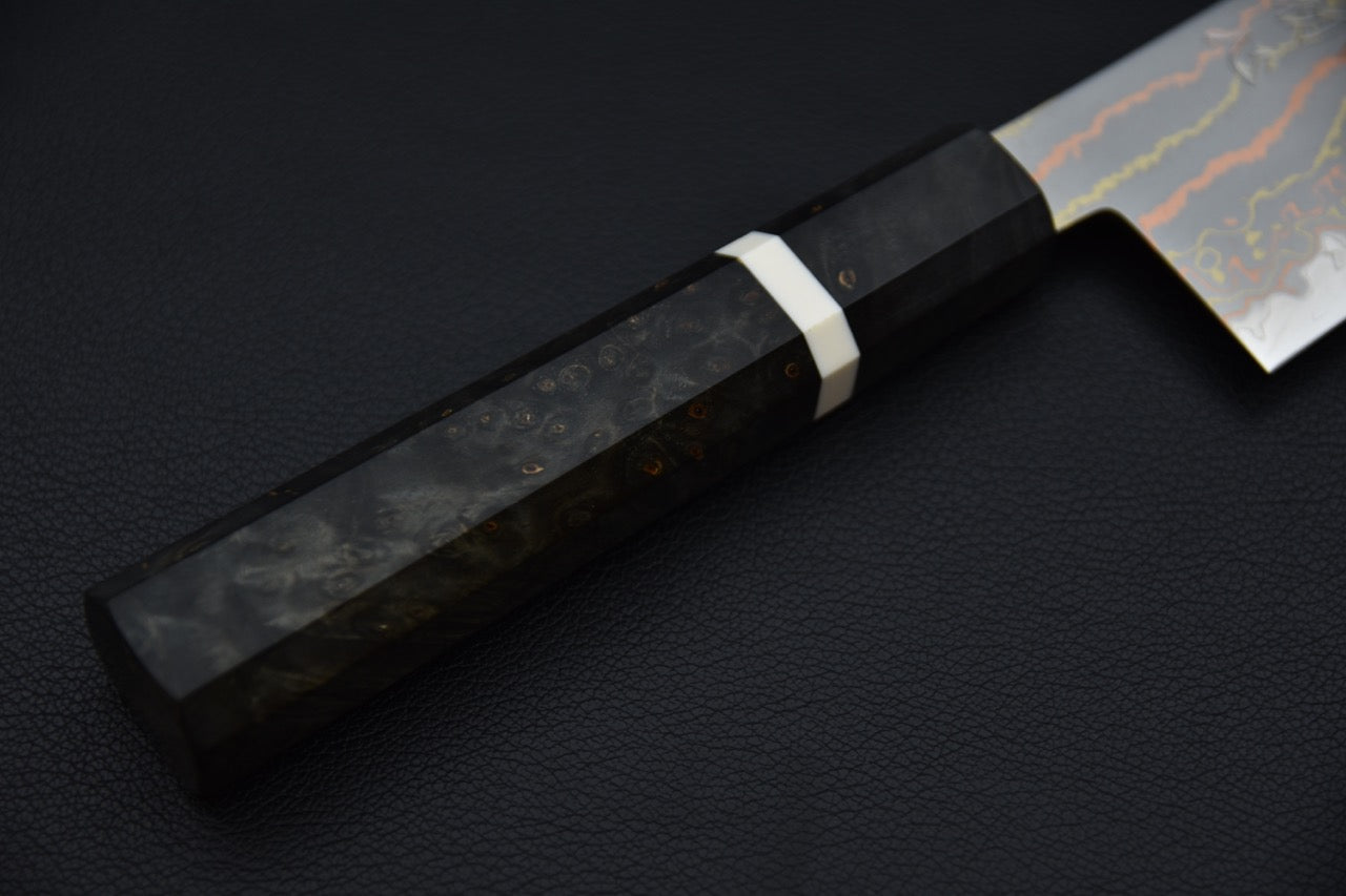 Hatsukokoro Hayabusa Aogami #2 Rainbow Damascus Santoku Birch Wood