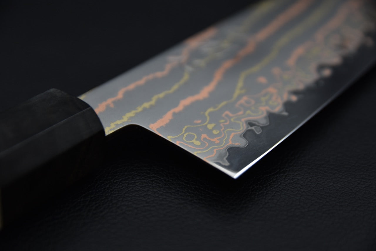 Hatsukokoro Hayabusa Aogami #2 Rainbow Damascus Santoku Birch Wood