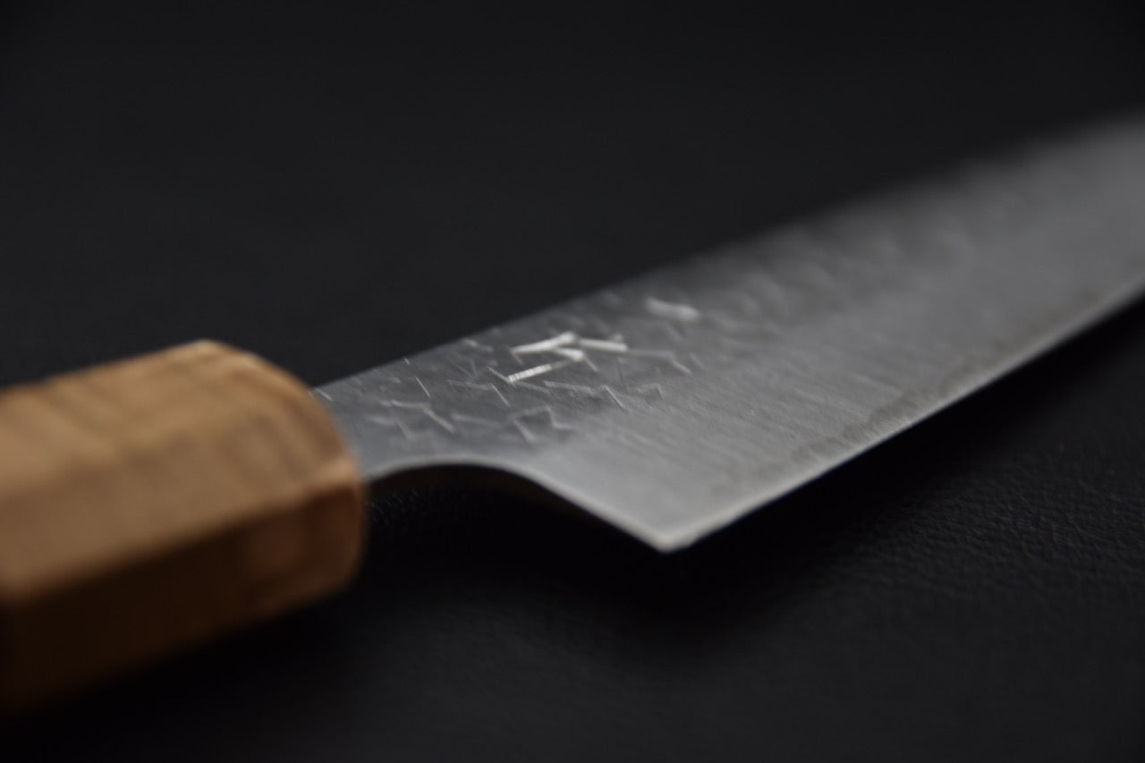 Manche en bois de tagayasan et virole en érable du couteau japonais Hitohira Echizen SG2 Tsuchime Petty 140mm — Stay Sharp Montréal.