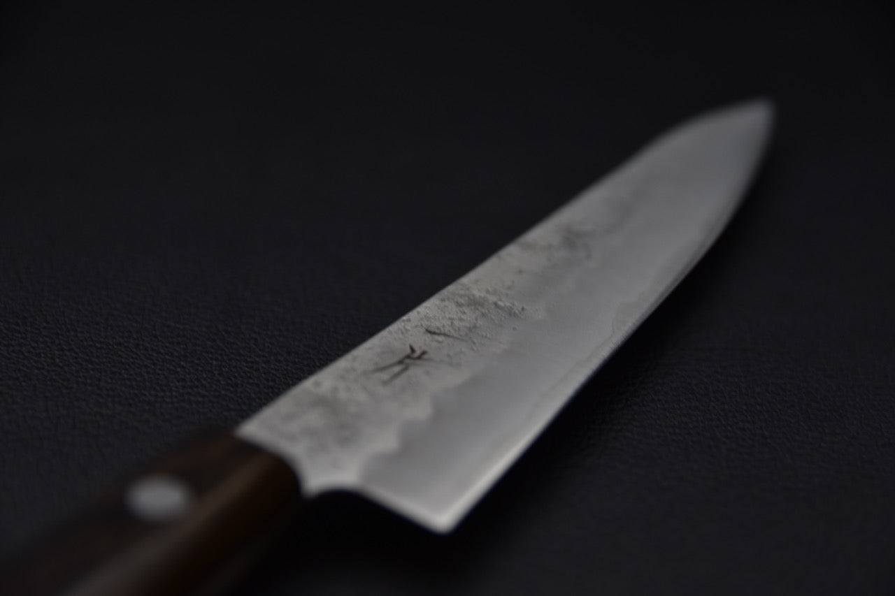 couteau japonais profil de lame fin texturé avec pakka brun visible

