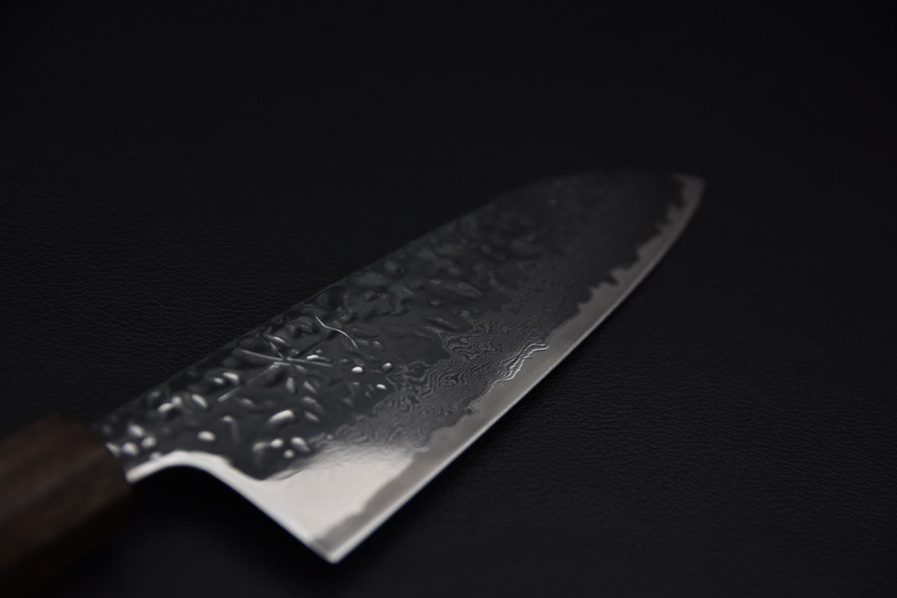Hitohira Futana Polished Stainless Tsuchime Damascus Santoku Tagayasan