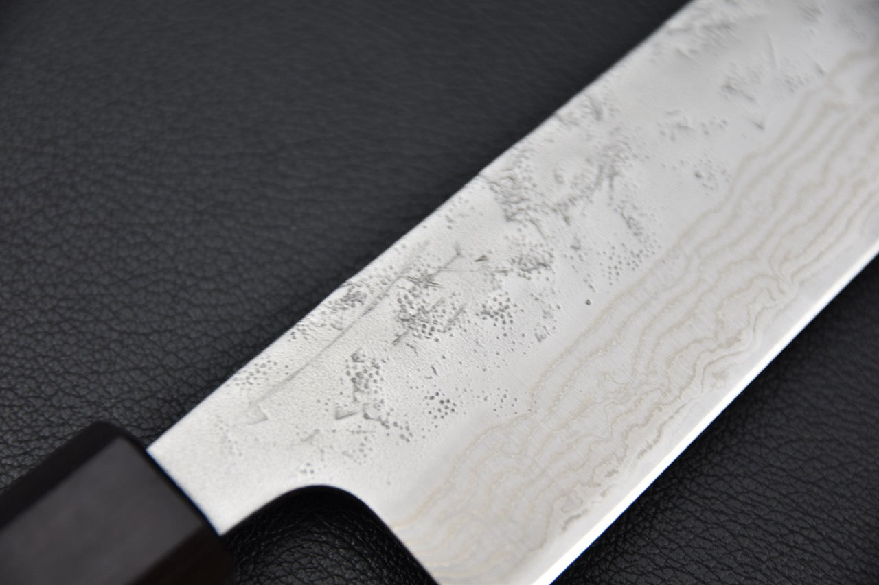 Motif damascus et texture nashiji sur couteau japonais bunka 170mm — Stay Sharp Montréal