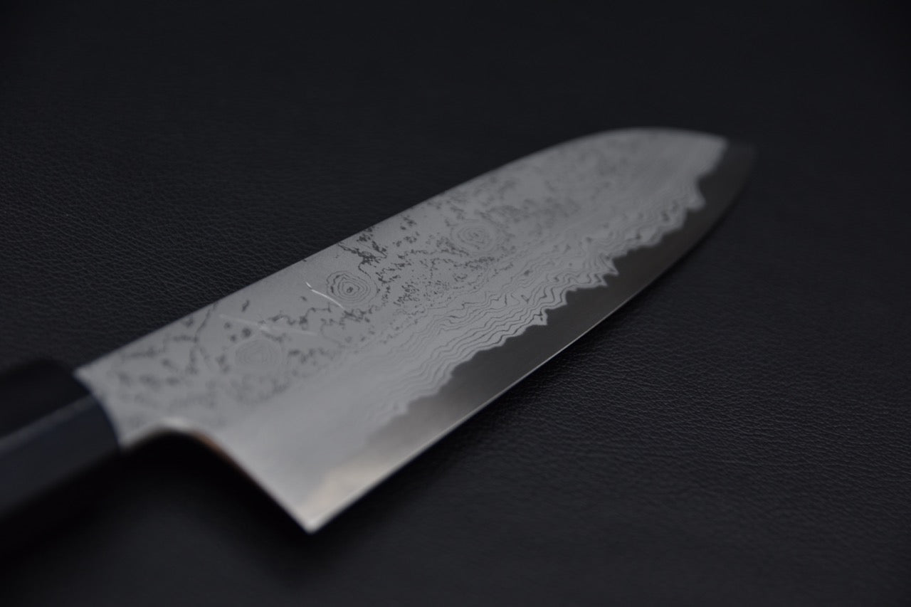 Hitohira Gorobei Kyuzo Shirogami #2 Damascus Santoku Ho