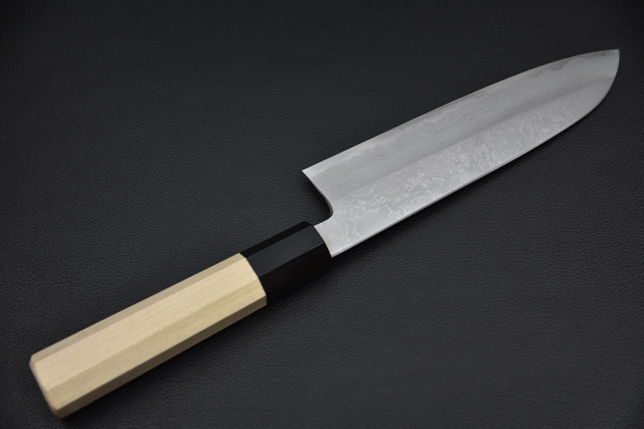 Hitohira Gorobei Kyuzo Shirogami #2 Damascus Santoku Ho