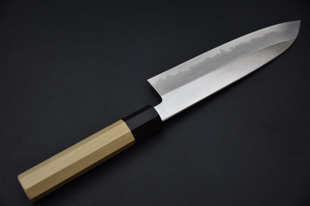 Hitohira Gorobei Ren Shirogami #2 Damascus Santoku Ho