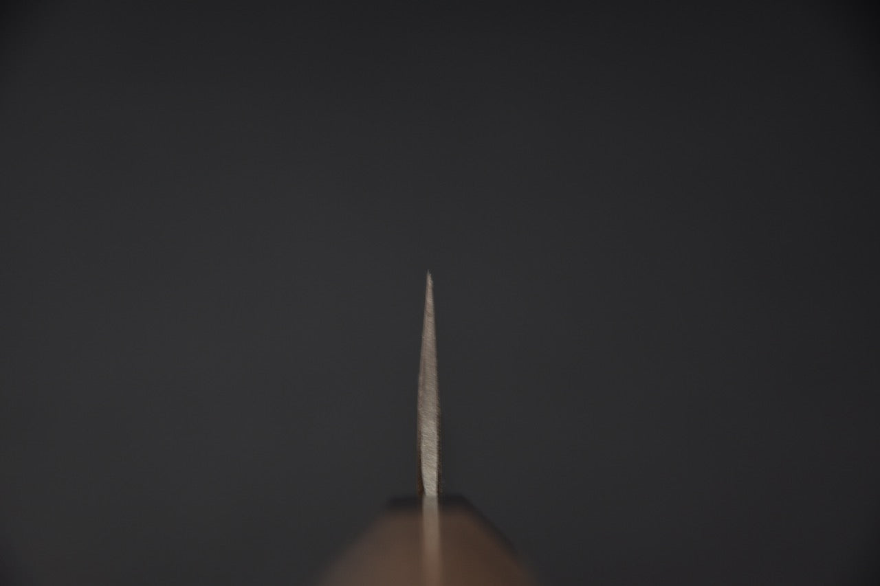 Vue de la lame depuis la pointe, montrant l’épaisseur fine et la géométrie du couteau japonais Hitohira Harima Blue #2 Kurouchi.