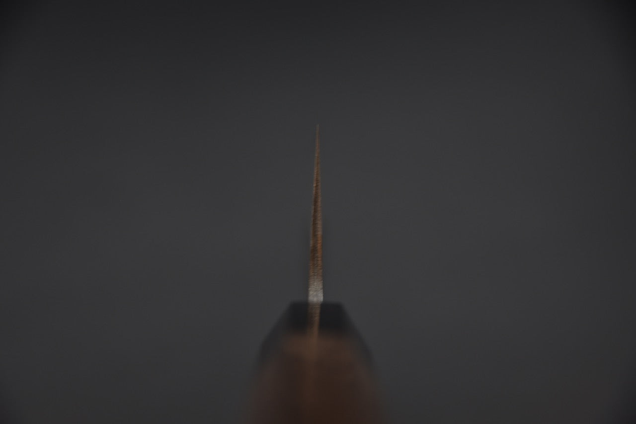 Vue du dessus mettant en valeur la finesse de l’émouture du couteau japonais.