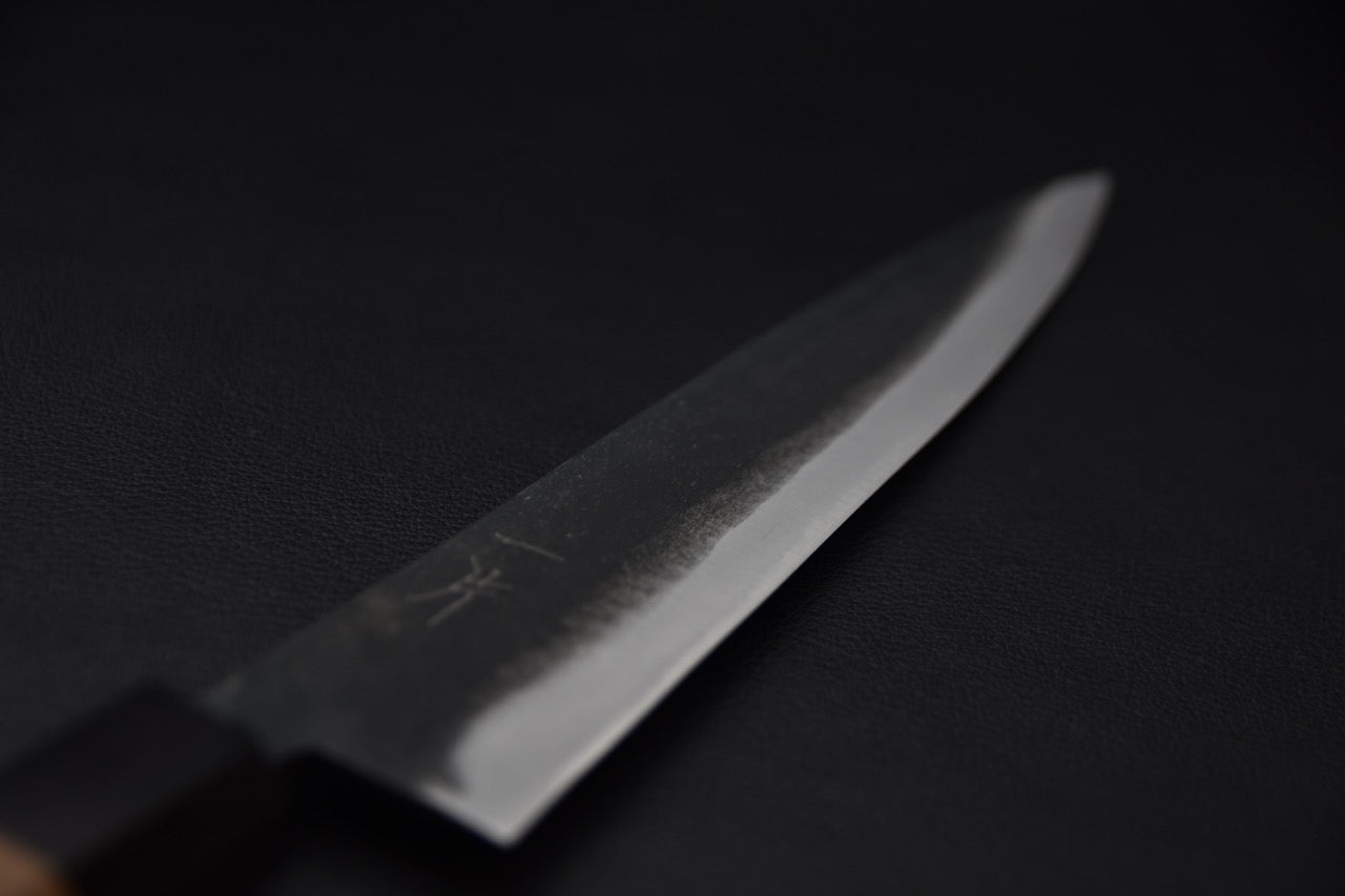 couteau japonais tranche fine aiguisée acier Aogami #1 et patine naturelle