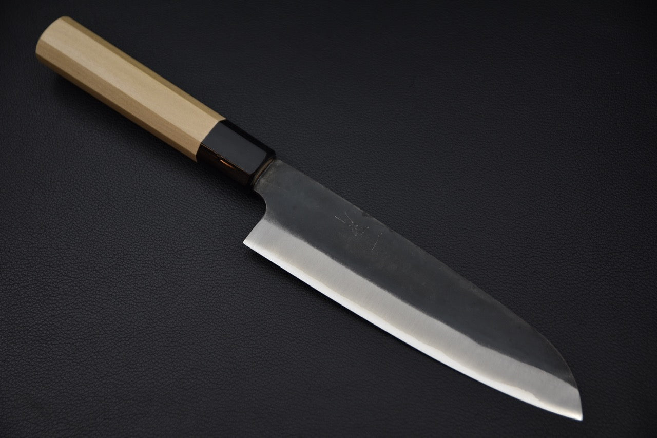 Couteau japonais Santoku Hitohira Hizen 165mm Kurouchi Blue #1 inoxydable avec manche en bois de ho